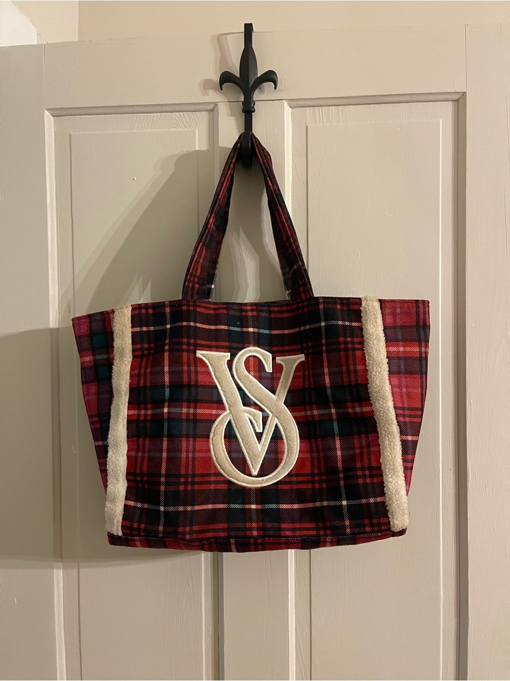 Victoria’s Secret red plaid and Sherpa tote bag